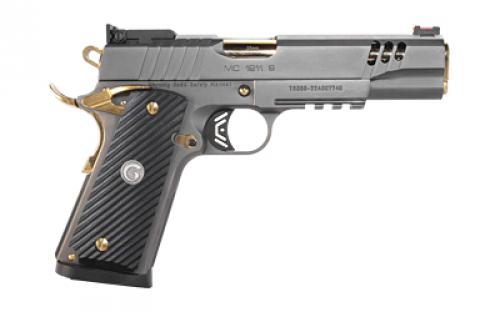 Girsan MC1911 Negotiator, Semi-automatic, 1911, Metal Frame Pistol, Full Size, 10MM, 5" Barrel, Titanium Nitrate Finish, Black with Gold Accents, G10 Grips, Fiber Optic Front Sight, Adjustable Rear Sight, Ambidextrous Safety, Extended Beavertail, 9 Rounds, 1 Magazine 390299