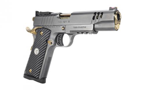 Girsan MC1911 Negotiator, Semi-automatic, 1911, Metal Frame Pistol, Full Size, 10MM, 5" Barrel, Titanium Nitrate Finish, Black with Gold Accents, G10 Grips, Fiber Optic Front Sight, Adjustable Rear Sight, Ambidextrous Safety, Extended Beavertail, 9 Rounds, 1 Magazine 390299