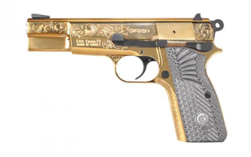 Girsan MCP35, Single Action, Semi-automatic, Metal Frame Pistol, Full Size, 9MM, 4.87 Barrel, Steel, Gold, G10 Grips, Engraved Frame, Dovetail Sights, Ambidextrous Thumb Safety, 15 Rounds, 1 Magazine 390488