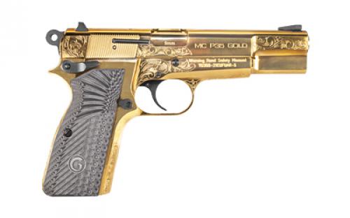 Girsan MCP35, Single Action, Semi-automatic, Metal Frame Pistol, Full Size, 9MM, 4.87" Barrel, Steel, Gold, G10 Grips, Engraved Frame, Dovetail Sights, Ambidextrous Thumb Safety, 15 Rounds, 1 Magazine 390488