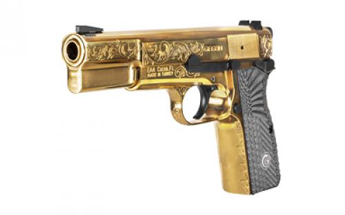 Girsan MCP35, Single Action, Semi-automatic, Metal Frame Pistol, Full Size, 9MM, 4.87" Barrel, Steel, Gold, G10 Grips, Engraved Frame, Dovetail Sights, Ambidextrous Thumb Safety, 15 Rounds, 1 Magazine 390488