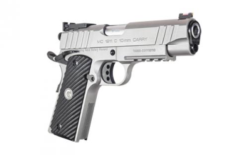 Girsan MC1911C, Semi-automatic, Metal Frame Pistol, Commander Size, 10MM, 4.4" Barrel, Silver, Composite Like G10 Grips, Accessory Rail, Super Sight Fully Adjustable Rear With Fiber Optic Front Sight, 9 Rounds, 1 Magazine 390615