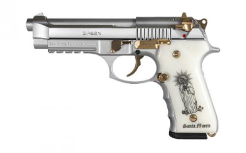 Girsan REGARD Liberador, Single Action/Double Action, Semi-Automatic Pistol, Full Size, 9MM, 4.9 Barrel, Alloy Frame, Polished Steel Finish, White Engraved Ivory Grips, Gold Accents, Ambidextrous Safety, Decocker, Picatinny Rail, Fixed Sights, 18 Rounds, 1 Magazine 391089