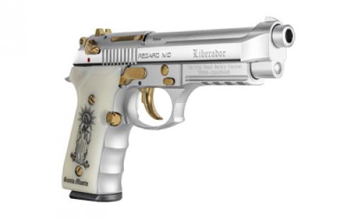 Girsan REGARD Liberador, Single Action/Double Action, Semi-Automatic Pistol, Full Size, 9MM, 4.9" Barrel, Alloy Frame, Polished Steel Finish, White Engraved Ivory Grips, Gold Accents, Ambidextrous Safety, Decocker, Picatinny Rail, Fixed Sights, 18 Rounds, 1 Magazine 391089