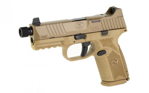 FN America FN509M Tactical, Striker Fire, Semi-automatic, Polymer Frame Pistol, Mid-Size, 9MM, 4.5" Threaded Barrel, PVD Finish, Flat Dark Earth, Interchangeable Grips, Suppressor Height Night Sights, Non-Manual Safety, 2 Magazines - (1)-15 Round, (1)-24 Round, Optics Ready 66-100745