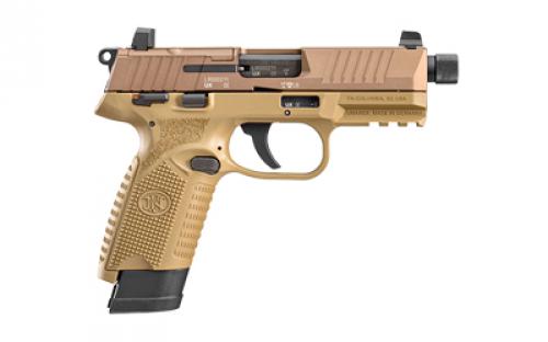 FN America 502, Tactical, Single Action Only, Semi-automatic, Polymer Frame Pistol, Compact Size, 22 LR, 4.6" Threaded Barrel, 1/2X28 TPI, Flat Dark Earth, Fixed Suppressor Height Sights, Ambidextrous Thumb Safety, No Decocker, 10 Rounds, Optics Ready Slide, 2 Magazines 66-101009