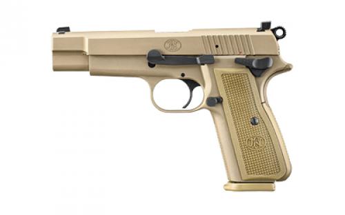 FN America High Power, Single Action, Semi-automatic, Metal Frame Pistol, Full Size, 9MM, 4.7 Target-crowned Hammer Forged Barrel, PVD Finish, Flat Dark Earth, 2 Polymer Grip Pairs, Driftable Dovetail Sights, Ambidextrous Safety, 17 Rounds 2 Magazines, Includes Zippered Ballistic Range Bag 66-101069