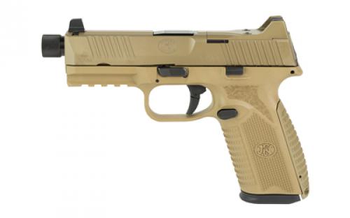 FN America FN 510 Tactical, Semi-automatic, Striker Fired, Full Size, 10mm, 4.71 Barrel, Polymer Frame, Flat Dark Earth, 1-22Rd Magazines and 1-15Rd Magazine, Non-Manual Safety, Suppressor Height Night Sights, Low Profile Optics Mounting System, Barrel Threaded .578x28, Sight Protecting Slide Cap, Loaded Chamber Indicator, Interchangeable Backstraps, 1913 Accessory Rail, Ambi Sli