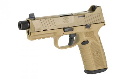 FN America FN 510 Tactical, Semi-automatic, Striker Fired, Full Size, 10mm, 4.71" Barrel, Polymer Frame, Flat Dark Earth, 1-22Rd Magazines and 1-15Rd Magazine, Non-Manual Safety, Suppressor Height Night Sights, Low Profile Optics Mounting System, Barrel Threaded .578x28, Sight Protecting Slide Cap, Loaded Chamber Indicator, Interchangeable Backstraps, 1913 Accessory Rail, Ambi Sli