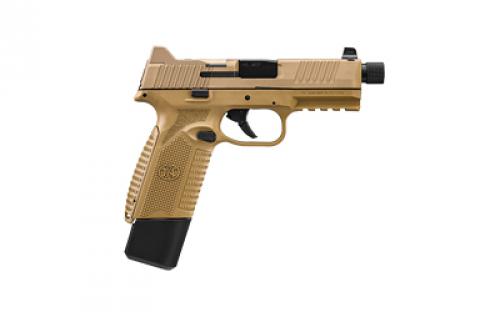 FN America FN 545 Tactical, Semi-automatic, Striker Fired, Full Size, 45 ACP, 4.71 Barrel, Polymer Frame, Flat Dark Earth, 1 -18 Rd Magazines and 1-15Rd Magazine, Non-Manual Safety, Suppressor Height Night Sights, Low Profile Optics Mounting System, Barrel Threaded .578x28, Sight Protecting Slide Cap, Loaded Chamber Indicator, Interchangeable Backstraps, 1913 Accessory Ra il, Amb
