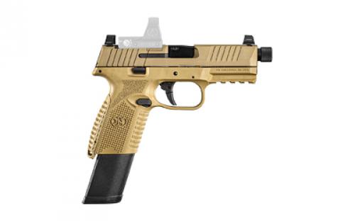 FN America FN509M Tactical, Semi-automatic, Striker Fired, Polymer Frame Pistol, Mid-Size, 9MM, 4.5 Barrel, Threaded 1/2x28, PVD Finish, Flat Dark Earth, Optic Ready, Flat Faced Trigger, Suppressor Height 3 Dot Night Sights, Non-Manual Safety, 5 Magazines, (1)-15 Round and (4)- 24 Round, Includes Ballistic Case and (2) Backstraps 66-101709