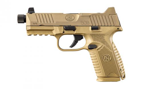 FN America FN509M Tactical, Semi-automatic, Striker Fired, Polymer Frame Pistol, Mid-Size, 9MM, 4.5 Barrel, Threaded 1/2x28, PVD Finish, Flat Dark Earth, Optic Ready, Flat Faced Trigger, Suppressor Height 3 Dot Night Sights, Non-Manual Safety, 10 Rounds, 5 Magazines, Includes Ballistic Case and (2) Backstraps 66-101710