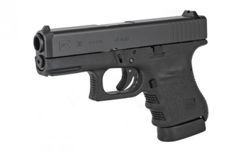 Glock 36 Gen3, Striker Fired, Semi-automatic, Polymer Frame Pistol, Sub-Compact, 45 ACP, 3.78" Barrel, Matte Finish, Black, Fixed Sights, 6 Rounds, 2 Magazines PI3650201FGR