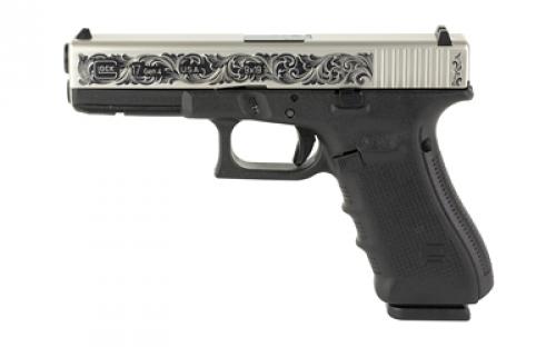 Glock 17, GEN 4, TALO Exclusive, Semi-automatic, Striker Fired, Full Size, 9MM, 4.49", Black, Interchangeable, 17 Rounds, 3 Mags, Fixed Sights, Polymer, Stainless PVD, Polished Armory Grade Cut Engraved Scrollwork 13209