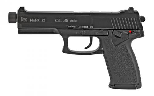 HK Mark 23, Double Action/Single Action, Semi-automatic, Polymer Frame Pistol, Full Size, 45 ACP, 5.87 Barrel, Threaded Barrel, Matte Finish, Black, 3 Dot Sights, Decocker and Ambidextrous Safety, 12 Rounds, 2 Magazines, Ambidextrous 81000078