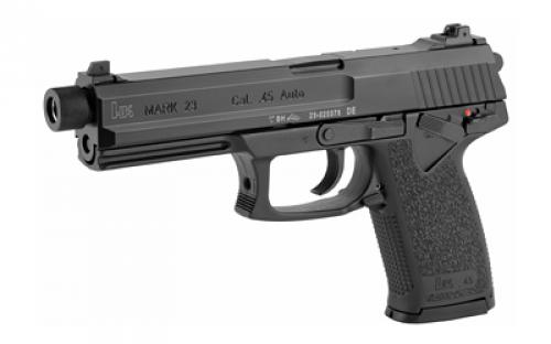 HK Mark 23, Double Action/Single Action, Semi-automatic, Polymer Frame Pistol, Full Size, 45 ACP, 5.87" Barrel, Threaded Barrel, Matte Finish, Black, 3 Dot Sights, Decocker and Ambidextrous Safety, 12 Rounds, 2 Magazines, Ambidextrous 81000078
