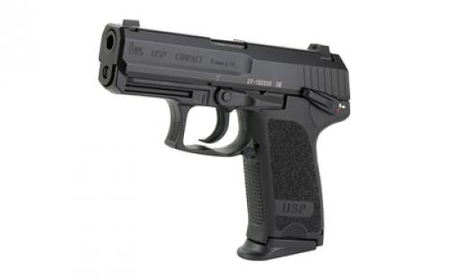 HK USP Compact, V1, Double Action/Single Action, Semi-automatic, Polymer Frame Pistol, Compact, 9MM, 3.58" Barrel, Matte Finish, Black Finish, 3 Dot Sights, Safety/Decocker, 13 Rounds, 2 Magazines 81000329