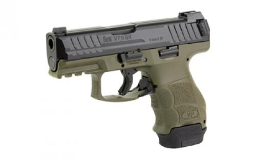 HK VP9SK, Striker Fired, Semi-automatic, Polymer Frame Pistol, Sub-Compact, 9MM, 3.39" Barrel, Matte Finish, Green, Night Sights, 15 Rounds, 2 Magazines, (1)-15 Rounds and (1)-12 Rounds 81000815
