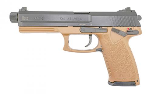 HK Mark 23, Double Action/Single Action, Semi-automatic, Flat Dark Earth Polymer Frame Pistol, Full Size, 45 ACP, 5.87 Barrel, Threaded Barrel, Matte Finish, Black, 3 Dot Sights, Decocker and Ambidextrous Safety, 12 Rounds, 2 Magazines, Ambidextrous 81000868