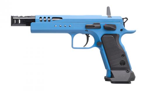 Tanfoglio Domina, Semi-automatic, Single Action Only, Steel Frame Pistol, 9MM, 5.2 Barrel, Matte Finish, Blue, Polymer Grips, Ambidextrous Safety, No Sights, 19 Rounds, Muzzle Brake TF-DOM-9