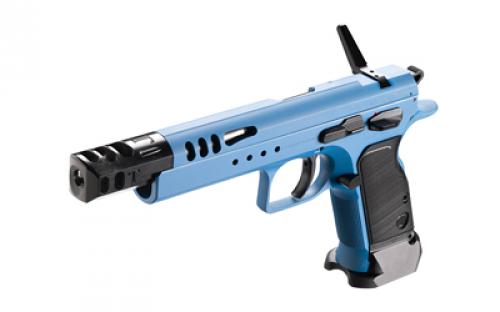 Tanfoglio Domina, Semi-automatic, Single Action Only, Steel Frame Pistol, 9MM, 5.2" Barrel, Matte Finish, Blue, Polymer Grips, Ambidextrous Safety, No Sights, 19 Rounds, Muzzle Brake TF-DOM-9