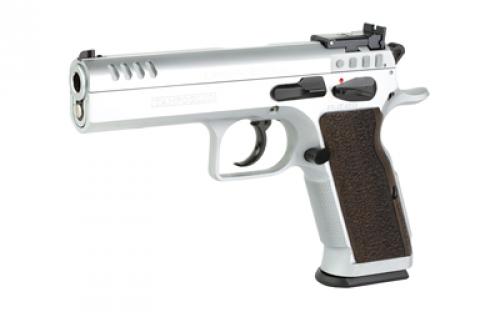 Tanfoglio Stock II, Semi-automatic, DA/SA, Steel Frame Pistol, 10MM, 4.45" Barrel, Hard Chrome Finish, Silver, Walnut Grips, Ambidextrous Safety, Adjustable Sights, 13 Rounds TF-STOCK2-10