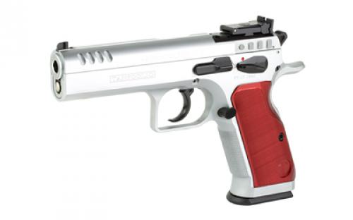 Tanfoglio Stock II, Semi-automatic, DA/SA, Steel Frame Pistol, 9MM, 4.45" Barrel, Hard Chrome Finish, Silver, Aluminum Grips, Ambidextrous Safety, Adjustable Sights, Optics Ready, 17 Rounds TF-STOCK2-9OR