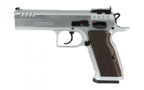 Tanfoglio Stock II, Semi-automatic, DA/SA, Steel Frame Pistol, 9MM, 4.45 Barrel, Hard Chrome Finish, Silver, Walnut Grips, Ambidextrous Safety, Adjustable Sights, 17 Rounds TF-STOCK2-9