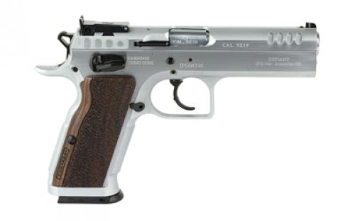Tanfoglio Stock II, Semi-automatic, DA/SA, Steel Frame Pistol, 9MM, 4.45" Barrel, Hard Chrome Finish, Silver, Walnut Grips, Ambidextrous Safety, Adjustable Sights, 17 Rounds TF-STOCK2-9