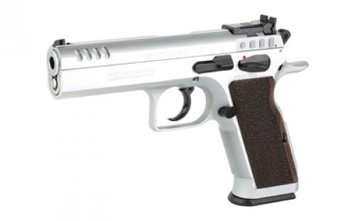 Tanfoglio Stock II, Semi-automatic, DA/SA, Steel Frame Pistol, 9MM, 4.45" Barrel, Hard Chrome Finish, Silver, Walnut Grips, Ambidextrous Safety, Adjustable Sights, 17 Rounds TF-STOCK2-9