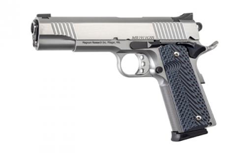 Magnum Research 1911GSS, 1911, Semi-automatic, Metal Frame Pistol, Full Size, 45 ACP, 5" Barrel, Stainless Steel, Silver, G10 Grips, Fixed Sights, White Dot Front, 8 Rounds, 2 Magazines DE1911GSS