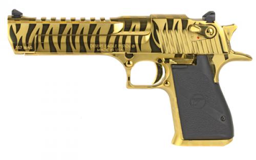 Magnum Research Desert Eagle, MK19, Single Action, Semi-automatic, Metal Frame Pistol, Full Size, 357 Magnum, 6 Barrel, Steel, Titanium Gold with Tiger Stripes, Plastic Grip, Fixed Sights, Ambidextrous Thumb Safety, 9 Rounds, 70.2oz, 1 Magazine, Ambidextrous DE357TG-TS