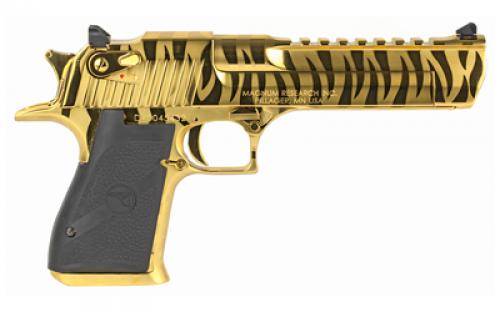 Magnum Research Desert Eagle, MK19, Single Action, Semi-automatic, Metal Frame Pistol, Full Size, 357 Magnum, 6" Barrel, Steel, Titanium Gold with Tiger Stripes, Plastic Grip, Fixed Sights, Ambidextrous Thumb Safety, 9 Rounds, 70.2oz, 1 Magazine, Ambidextrous DE357TG-TS