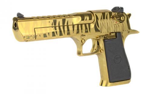 Magnum Research Desert Eagle, MK19, Single Action, Semi-automatic, Metal Frame Pistol, Full Size, 357 Magnum, 6" Barrel, Steel, Titanium Gold with Tiger Stripes, Plastic Grip, Fixed Sights, Ambidextrous Thumb Safety, 9 Rounds, 70.2oz, 1 Magazine, Ambidextrous DE357TG-TS