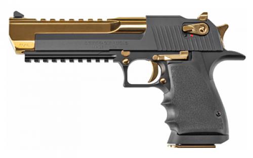 Magnum Research Desert Eagle, L6, Single Action, Semi-automatic, Metal Frame Pistol, Full Size, 44 Magnum, 6 Barrel, Aluminum, Black and Gold, Rubber Grips, Fixed Sights, Ambidextrous Thumb Safety, 8 Rounds, 1 Magazine, Ambidextrous DE44BATG