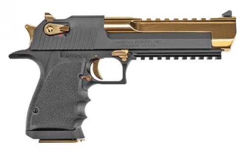 Magnum Research Desert Eagle, L6, Single Action, Semi-automatic, Metal Frame Pistol, Full Size, 44 Magnum, 6" Barrel, Aluminum, Black and Gold, Rubber Grips, Fixed Sights, Ambidextrous Thumb Safety, 8 Rounds, 1 Magazine, Ambidextrous DE44BATG