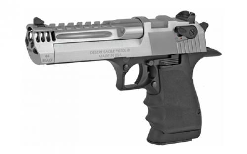 Magnum Research Desert Eagle, MK19, L5, Single Action, Semi-automatic, Metal Frame Pistol, Full Size, 44 Magnum, 5" Barrel, Aluminum, Brushed Finish, Black and Silver, Rubber Grips, Fixed Sights, Ambidextrous Thumb Safety, 8 Rounds, 1 Magazine, Integral Muzzle Brake, Ambidextrous DE44L5BC