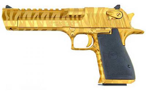 Magnum Research Desert Eagle, Single Action, Semi-automatic, Metal Frame Pistol, Full Size, 44 Magnum, 6 Barrel, Steel, Titanium Gold with Tiger Stripes, Plastic Grip, Fixed Sights, Ambidextrous Thumb Safety, 8 Rounds, 1 Magazine, Ambidextrous DE44TG-TS