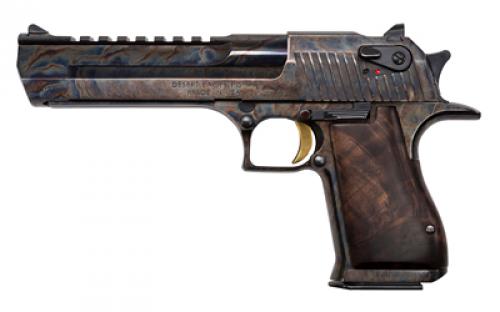 Magnum Research Desert Eagle, MK19, Single Action, Semi-automatic, Metal Frame Pistol, Full Size, 50 Action Express, 6 Barrel, Steel, Case Hardened Finish, Black, Walnut Grip With Engraved Desert Eagle Logo, Fixed Sights, Ambidextrous Thumb Safety, 7 Rounds, 1 Magazine, Hogue Rubber Grips With Finger Grooves Included, Ambidextrous DE50CH