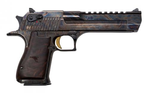 Magnum Research Desert Eagle, MK19, Single Action, Semi-automatic, Metal Frame Pistol, Full Size, 50 Action Express, 6" Barrel, Steel, Case Hardened Finish, Black, Walnut Grip With Engraved Desert Eagle Logo, Fixed Sights, Ambidextrous Thumb Safety, 7 Rounds, 1 Magazine, Hogue Rubber Grips With Finger Grooves Included, Ambidextrous DE50CH