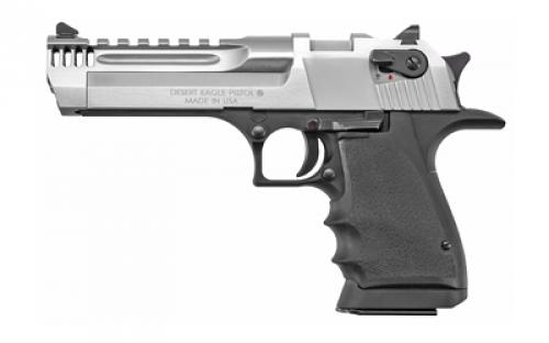 Magnum Research Desert Eagle, MK19, L5, Single Action, Semi-automatic, Metal Frame Pistol, Full Size, 50 Action Express, 5 Barrel, Aluminum, Brushed Finish, Black and Silver, Rubber Grips, Fixed Sights, Ambidextrous Thumb Safety, 7 Rounds, 1 Magazine, Integral Muzzle Brake, Ambidextrous DE50L5BC