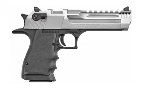 Magnum Research Desert Eagle, MK19, L5, Single Action, Semi-automatic, Metal Frame Pistol, Full Size, 50 Action Express, 5" Barrel, Aluminum, Brushed Finish, Black and Silver, Rubber Grips, Fixed Sights, Ambidextrous Thumb Safety, 7 Rounds, 1 Magazine, Integral Muzzle Brake, Ambidextrous DE50L5BC
