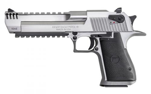 Magnum Research Desert Eagle, MK19, Single Action, Semi-automatic, Metal Frame Pistol, Full Size, 50 Action Express, 6 Barrel, Stainless Steel, Silver, Plastic Grips, Fixed Sights, Ambidextrous Thumb Safety, 7 Rounds, 1 Magazine, Integral Muzzle Brake, Picatinny Rail, Ambidextrous DE50SRMB