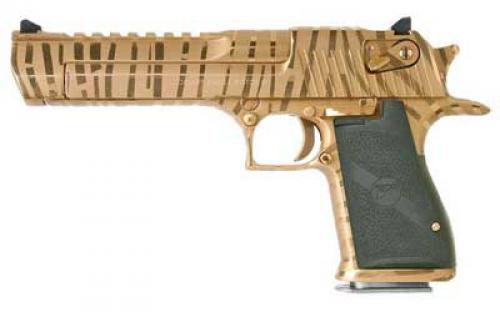 Magnum Research Desert Eagle, MK19, Single Action, Semi-automatic, Metal Frame Pistol, Full Size, 50 Action Express, 6 Barrel, Steel, Titanium Gold with Tiger Stripes, Plastic Grips, Fixed Sights, Ambidextrous Thumb Safety, 7 Rounds, 1 Magazine, Ambidextrous DE50TG-TS