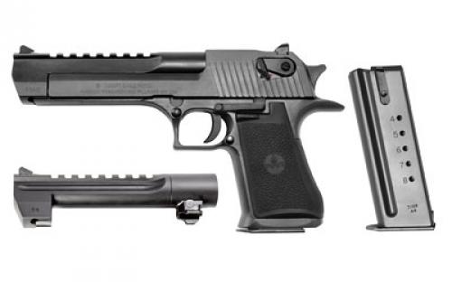 Magnum Research Desert Eagle, Single Action, Semi-automatic, Metal Frame Pistol, Full Size, 50 Action Express, 6 Barrel, Steel, Black Oxide Finish, Rubber Grips, Fixed Sights, Ambidextrous Thumb Safety, 7 Rounds, 1 Magazine, Ships with 6 44MAG Barrel and 44MAG Magazine, Ambidextrous DE50WB6