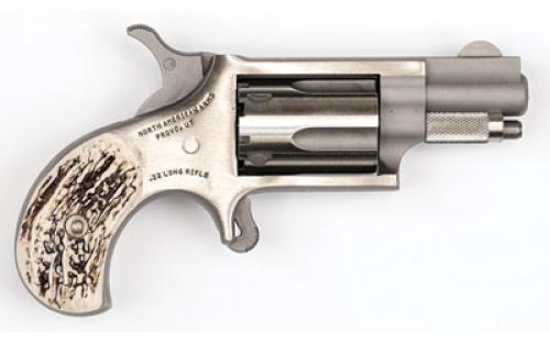 North American Arms Mini Revolver, Single Action, Revolver, 22LR, 1.125 Barrel, Matte Finish, Stainless Steel, Silver, Imitation Stag Grips, Fixed Sights, 5 Rounds NAA-22LR-GSTG