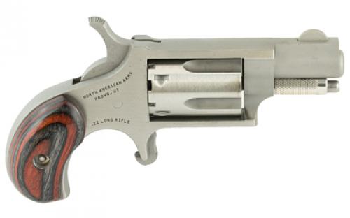 North American Arms Mini Revolver, Single Action, Revolver, 22LR, 1.125" Barrel, Matte Finish, Stainless Steel, Silver, Red/Black Wood Grips, Fixed Sights, 5 Rounds NAA-22LR-GRB