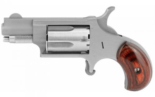 North American Arms Mini Revolver, Single Action, Revolver, 22LR, 1.125 Barrel, Matte Finish, Stainless Steel, Silver, Wood Grips, Fixed Sights, 5 Rounds NAA-22LR