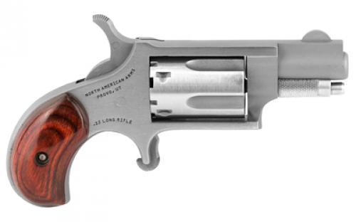 North American Arms Mini Revolver, Single Action, Revolver, 22LR, 1.125" Barrel, Matte Finish, Stainless Steel, Silver, Wood Grips, Fixed Sights, 5 Rounds NAA-22LR
