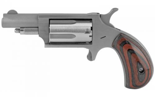 North American Arms Mini Revolver, Single Action, Revolver, 22 WMR, 1.625 Barrel, Stainless Steel, Matte Finish, Silver, Red/Black Wood Grips, Fixed Sights, 5 Rounds NAA-22M-GRB